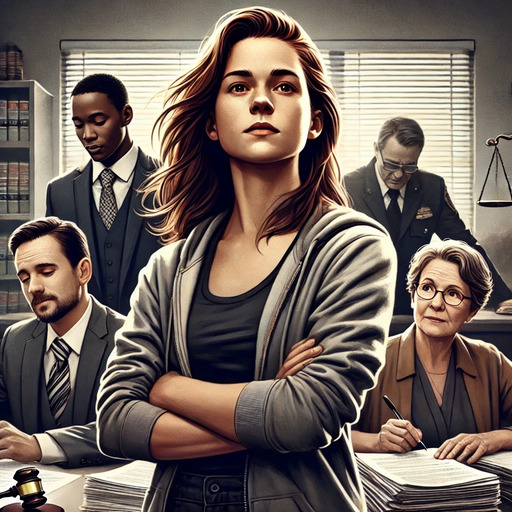 A powerful scene depicting Erin, a determined advocate, standing confidently in front of a desk with legal documents. Behind her, Joshua looks relieved and grateful, while his mother shows a mix of relief and gratitude. The background features a busy office environment, symbolizing the intensity and importance of the advocacy work.